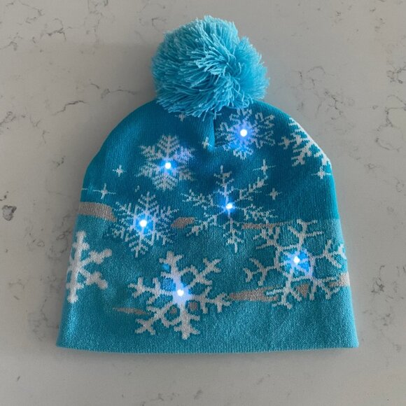 Snowflake Pattern Knit Toque w Pom Pom & 3 Way Lighting Mechanism Blue Sz OS - Picture 5 of 7